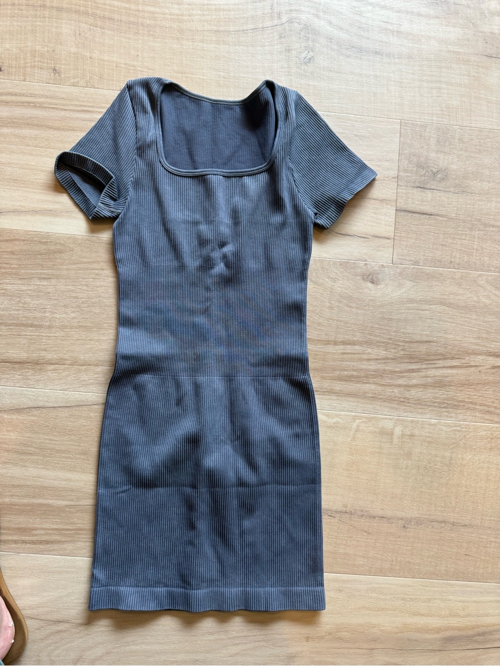 Ribbed Square Neck Short Sleeve Dress - gray blue